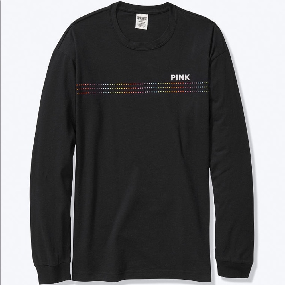 💕VS PINK RAINBOW 🌈 BLING RHINESTONE BLACK CAMPUS TEE LONG SLEEVE